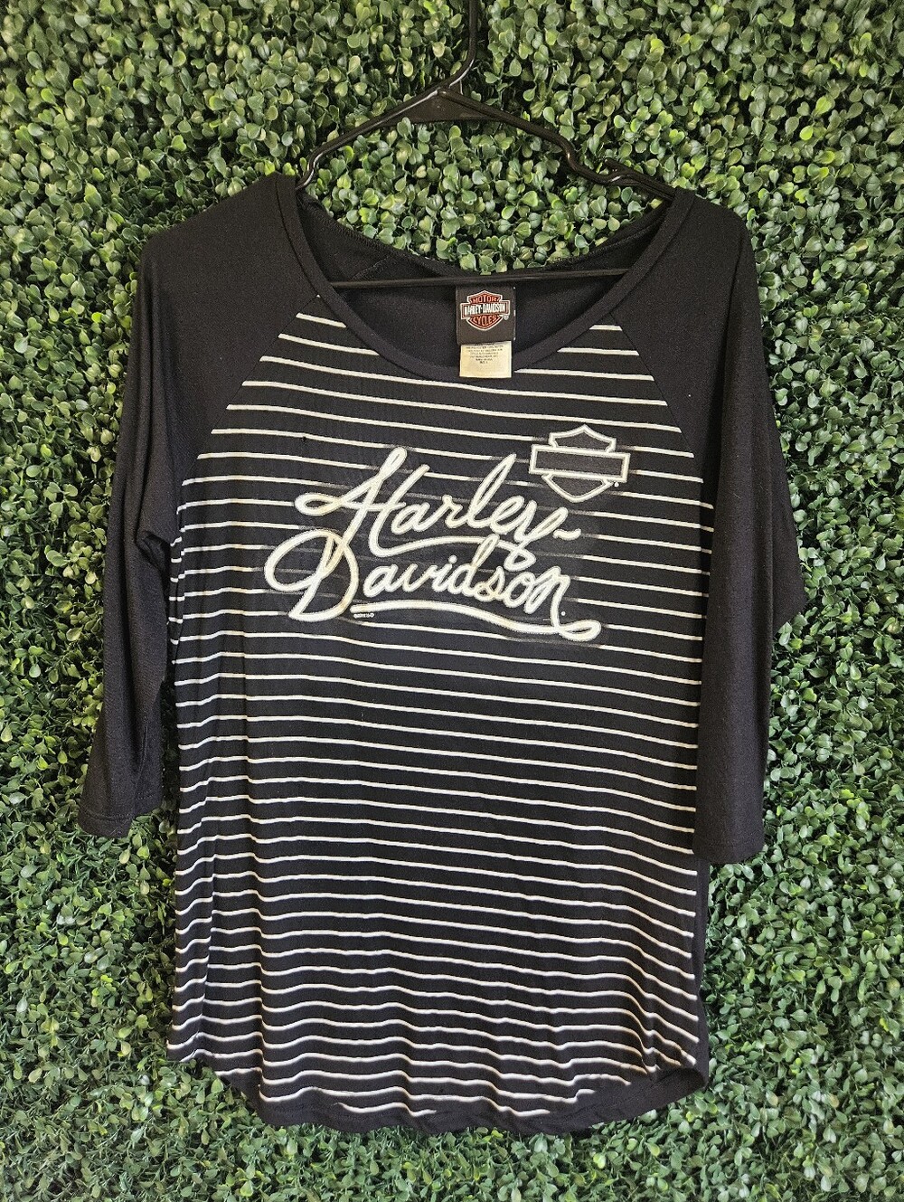 Womens Large Harley Davidson Black & White Striped 3/4 Sleeve Chicago, IL Top